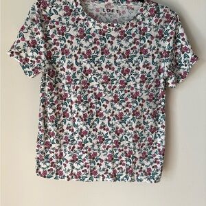 LOFT Floral Tee | White Pink Green Print | Short Sleeve | Size Small